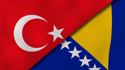 The flags of Turkey and Bosnia and Herzegovina. News, reportage, business background. 3d illustration - obrazy, fototapety, plakaty