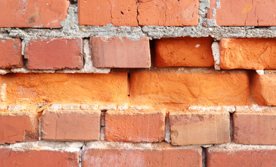 Fototapeta premium Red brick wall with cracks and scratches. Аbstract background texture. Vintage house facade.