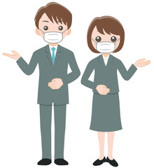 マスクを付けたスーツ姿の男女が案内している