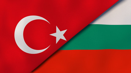 The flags of Turkey and Bulgaria. News, reportage, business background. 3d illustration