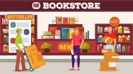 Book delivery to the store, goods reception flat vector illustration. The seller receives books from the courier, a bookstore, shelves with books. Book Shop.