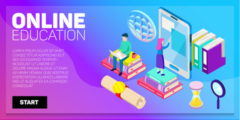 Isometric online education vector banner. E-learning. Imagination ad creativity.