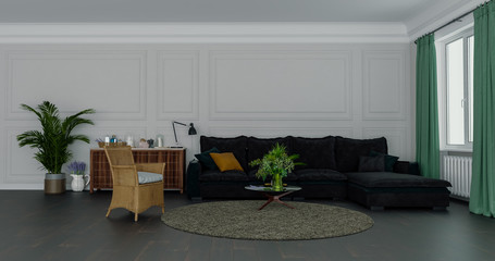 Modern interior design of a living room in an apartment, house, office, comfortable sofa, fresh flowers and bright modern interior details and sunbeams from a window against a wall.