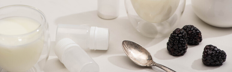 High angle view of glasses of yogurt, teaspoon, containers with starter cultures and blackberries on white, panoramic shot