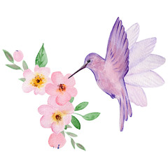 Cute watercolor hand drawn illustration of flowers and birds isolated on a white background, for Valentine's Day greeting card, wedding card, romantic prints and scrapbooking.