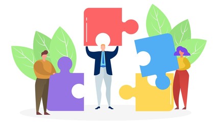 Three people connect colored puzzle pieces, concept of successful business, vector flat illustration. Men and women are holding puzzle elements in hands on a white isolated background. Male and female
