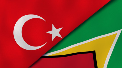The flags of Turkey and Guyana. News, reportage, business background. 3d illustration