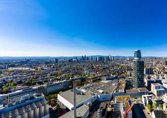 Fototapeta premium Aerial view, Frankfurt skyline, with Henninger Tower, Commerzbank, Sachsenhausen, Hesse, Germany