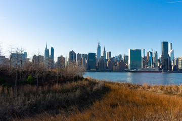 Fototapeta premium Hunter's Point South Park in Long Island City Queens with a view of the Manhattan New York City Skyline