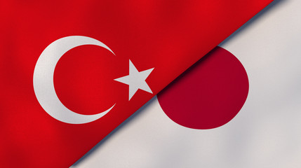 The flags of Turkey and Japan. News, reportage, business background. 3d illustration