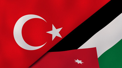 The flags of Turkey and Jordan. News, reportage, business background. 3d illustration