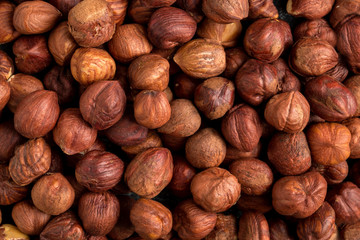 Top view closeup macro on the hazelnuts, horizontal format