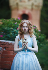 beautiful red-haired girl walks with an owl on her hand against the background of the castle