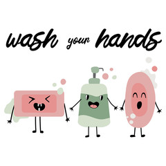 wash your hands. Cute happy soap with foam bubble. Vector flat cartoon character illustration icon design. Isolated on white background. Soap bubble concept