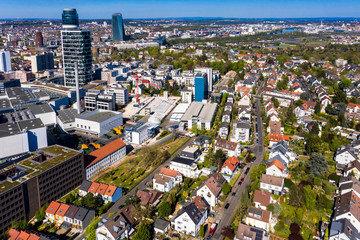 Fototapeta na wymiar Aerial view, Frankfurt skyline, with Henninger Tower, ECB, Sachsenhausen, Hesse, Germany