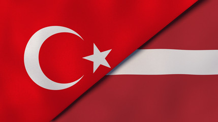 The flags of Turkey and Latvia. News, reportage, business background. 3d illustration