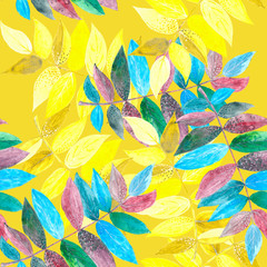 Yellow and purple-blue watercolor branches on bright-yellow background: floral seamless pattern, tender wallpaper print, spring and summer textile design.