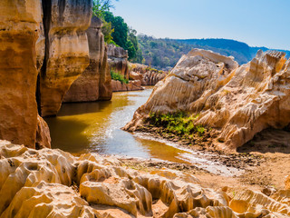 Spectacular stone formations on the bank of Manambolo river, Tsingy de Bemaraha Strict Nature...