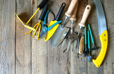 Garden tools assortment on the wooden terrace.