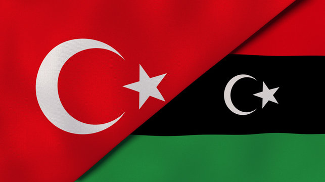 The flags of Turkey and Libya. News, reportage, business background. 3d illustration