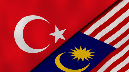 The flags of Turkey and Malaysia. News, reportage, business background. 3d illustration