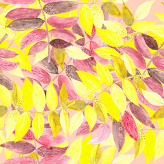 Yellow and pink watercolor branches on light-pink background: floral seamless pattern, tender wallpaper print, spring and summer textile design.