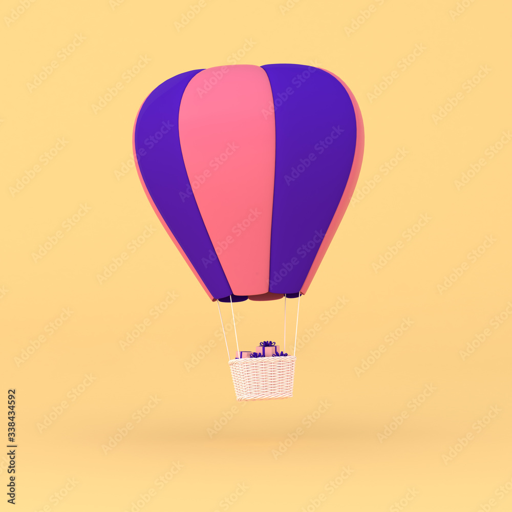 Poster Minimal concept of floating balloons with present in the weave basket on pastel background. 3D rendering.