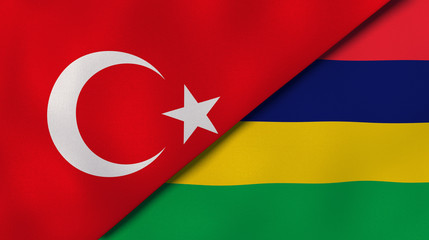 The flags of Turkey and Mauritius. News, reportage, business background. 3d illustration