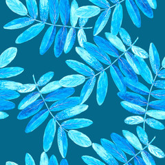 Blue watercolor branches on blue background: floral seamless pattern, tender wallpaper print, spring and summer textile design.