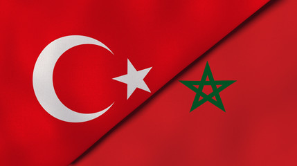The flags of Turkey and Morocco. News, reportage, business background. 3d illustration
