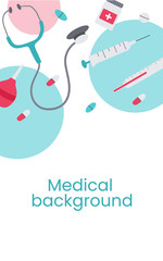 Medical vertical banner with icons related to hospital, clinic. Flat color vector border, frame for design poster, flyer, brochure, web bage. Isolated illustration with copy space