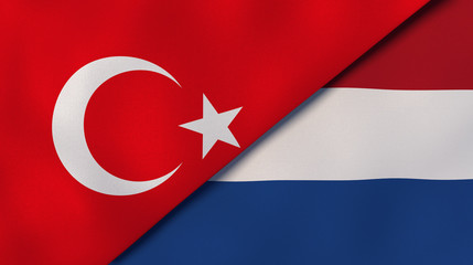 Obraz premium The flags of Turkey and Netherlands. News, reportage, business background. 3d illustration