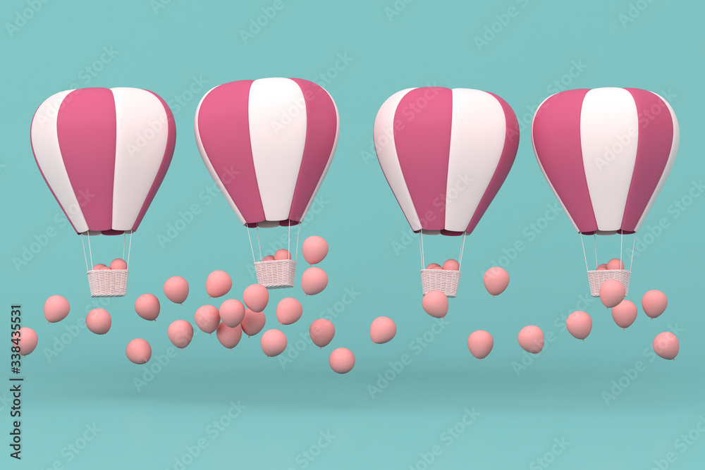Leinwandbilder minimal concept of floating balloons and weave basket on pastel background. 3d rendering.