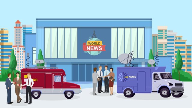 World news building, reporter standing near tv car, truck flat vector illustration. Design interviewer television information department on city background, office worker, news current events.