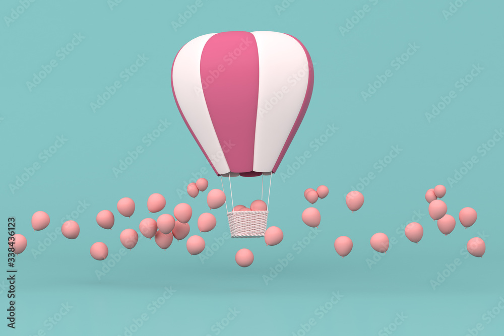 Poster Minimal concept of floating balloons and weave basket on pastel background. 3D rendering.
