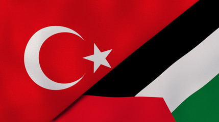 The flags of Turkey and Palestine. News, reportage, business background. 3d illustration