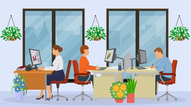 Business agency office, character male and female sitting in co working cabinet, flat vector illustration. Design perfect job place, pot flower and floor ceiling window, company conclude contract.