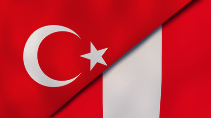 The flags of Turkey and Peru. News, reportage, business background. 3d illustration