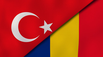 The flags of Turkey and Romania. News, reportage, business background. 3d illustration