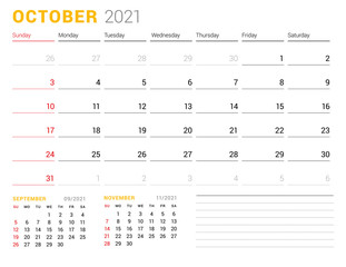 Calendar template for October 2021. Business monthly planner. Stationery design. Week starts on Sunday. Vector illustration