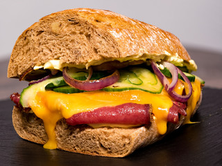 Big selfmade pastrami sandwich made with fresh pastrami, cucumber, onions and cheddar cheese