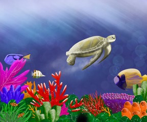 Fototapeta na wymiar The turtle and tropical fish under the sea. Raster illustration. 