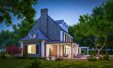 Fototapeta na wymiar 3d rendering of modern cozy classic house in colonial style with garage and pool for sale or rent with beautiful landscaping on background. Clear summer night with many stars on the sky.