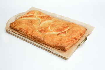 a piece of fish pie on a white background