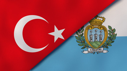 The flags of Turkey and San Marino. News, reportage, business background. 3d illustration