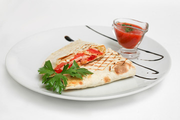 quesadia ham tomato sauce white background