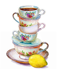 Party colorful tea cups and saucers closeup. Sketch handmade. Postcard for holiday. Watercolor illustration. - 338437330