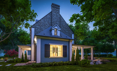 3d rendering of modern cozy classic house in colonial style with garage and pool for sale or rent with beautiful landscaping on background. Clear summer night with many stars on the sky.