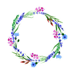 Watercolor loose style berries, cornflower, lavender flower and green leaves wreath card. Modern circle template for invitation, wedding, banner, greeting card design. Poster print with wild florals