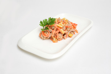 salad carrots meat potatoes white background